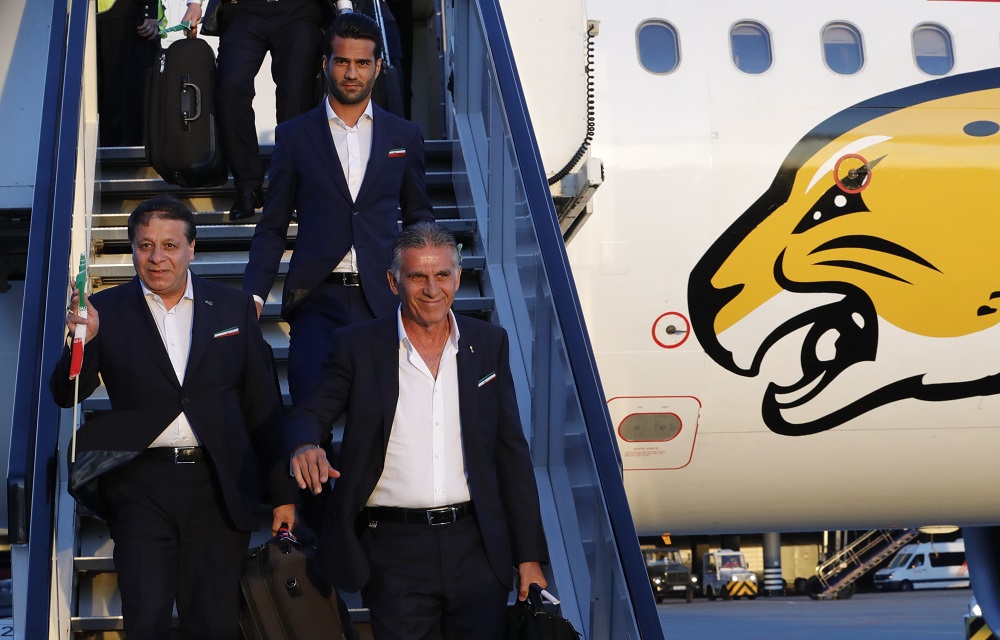 Members of the Iranian national soccer team, including coach Carlos Queiroz (bottom right) and player Masoud Shojaei (top), disembark from a plane upon their arrival at Vnukovo airport outside Moscow, Russia June 5, 2018. u00e2u20acu201d Reuters pic