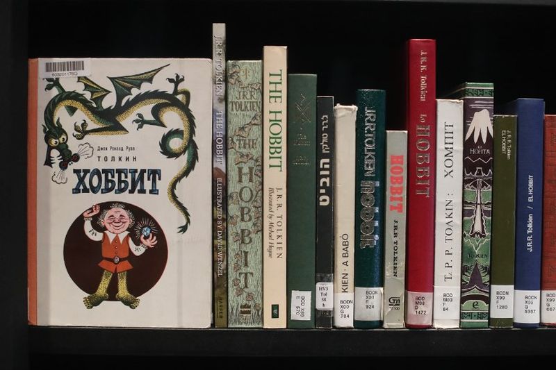 Various editions translated into different languages of JRR Tolkien's u00e2u20acu02dcThe Hobbitu00e2u20acu2122 are seen during a preview of the exhibition u00e2u20acu02dcTolkien: Maker of Middle-earthu00e2u20acu2122 at Weston Library, part of the Bodleian Library, in Oxford.u00e2u20acu201d AFP pic