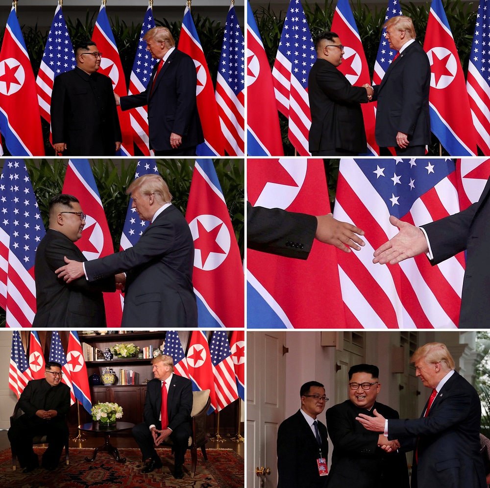 A combination of six photos of US President Donald Trump meeting with North Korea's leader Kim Jong-un at the Capella Hotel on Sentosa island in Singapore June 12, 2018