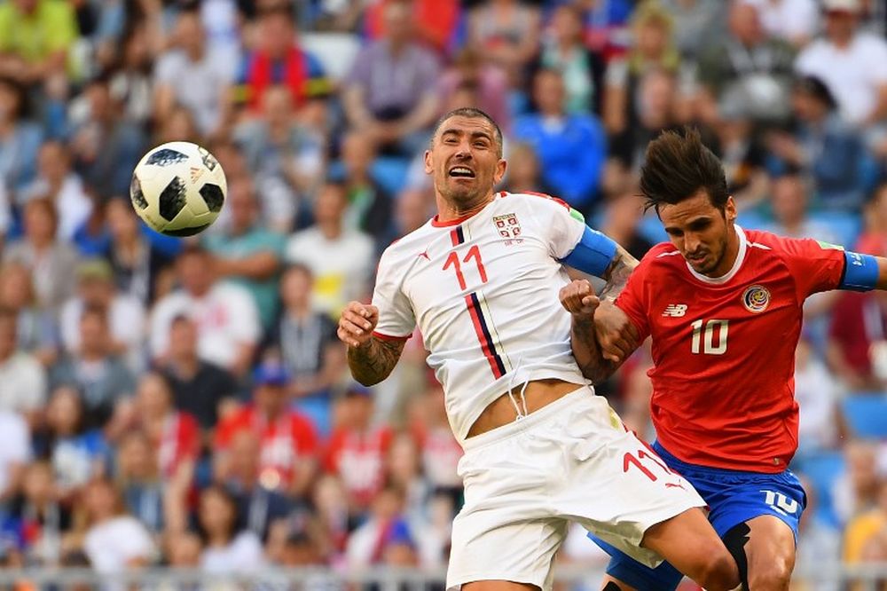Costa Ricau00e2u20acu2122s midfielder Bryan Ruiz (right) vies for the ball with Serbiau00e2u20acu2122s defender Aleksandar Kolarov during the 2018 World Cup Group E match between Costa Rica and Serbia at the Samara Arena in Samara, June 17, 2018. u00e2u20acu201d AFP pic