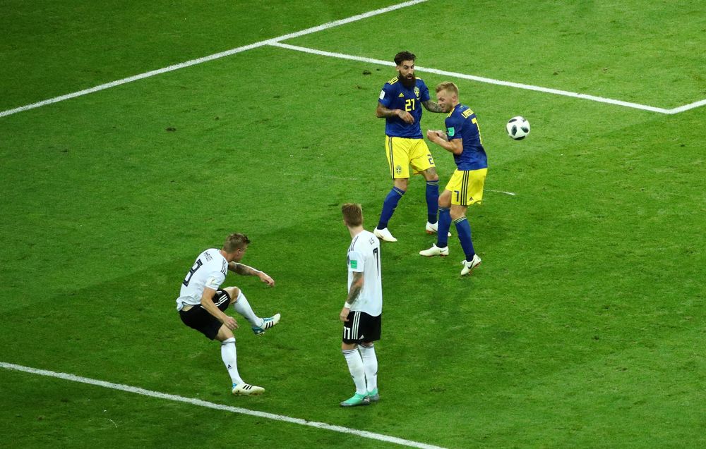 Germanyu00e2u20acu2122s Toni Kroos scores their second goal against Sweden during the World Cup Group F match in Fisht Stadium, Sochi, Russia, June 23, 2018. u00e2u20acu201d Reuters pic
