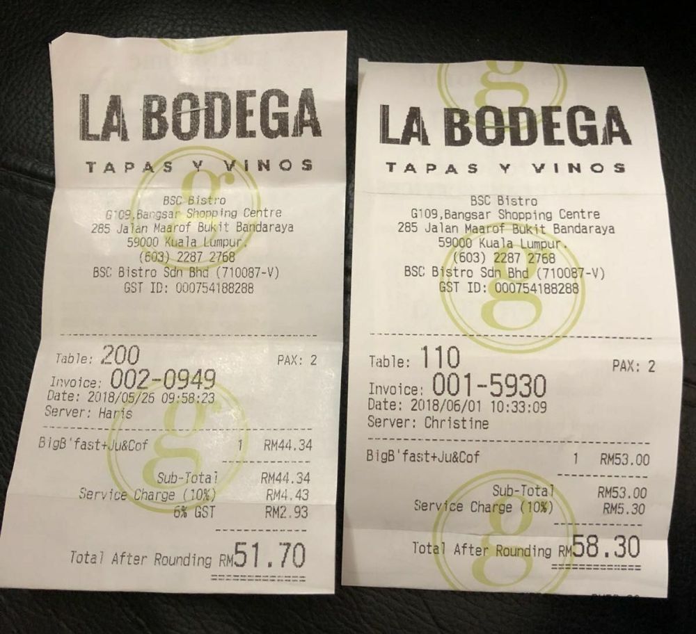 Pictures of two receipts purportedly from the offending La Bodega outlet was shared online, one from May 25 when the GST had still been levied and another from yesterday when the consumption tax was zero rated. u00e2u20acu2022 Picture via Facebook/Amethyst Akishi