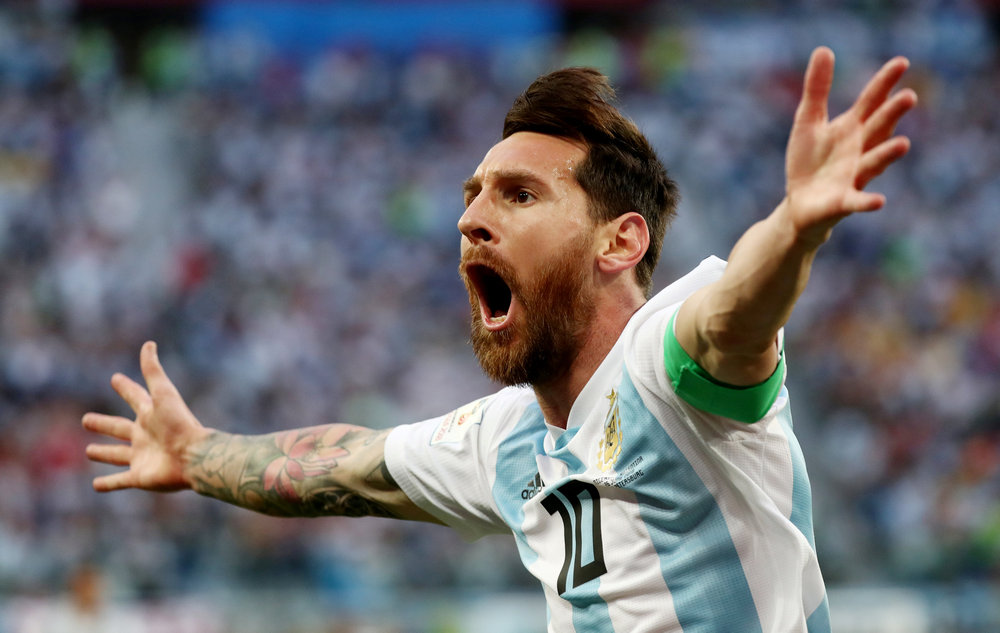 Argentinau00e2u20acu2122s Lionel Messi celebrates scoring their first goal against Nigeria at the 2018 Fifa World Cup in St Petersburg June 26, 2018. u00e2u20acu201d Reuters pic