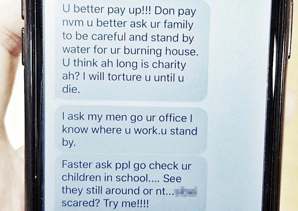 A screenshot of the messages sent by an unlicensed money lender to Tan. u00e2u20acu201d Picture courtesy of  Singapore Police Force