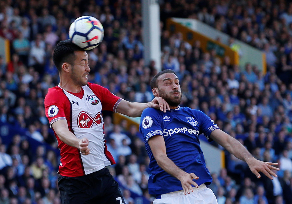 Southampton's Maya Yoshida (left) in EPL action with Everton's Cenk Tosun at Goodison Park May 5, 2018. u00e2u20acu201d Reuters pic