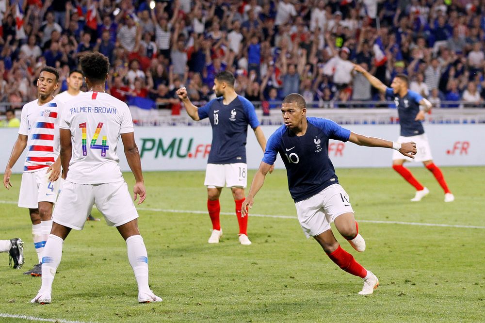 Franceu00e2u20acu2122s Kylian Mbappe celebrates scoring their first goal against USA during their international friendly at Groupama Stadium, Lyon, France, June 9, 2018. u00e2u20acu201d Reuters pic