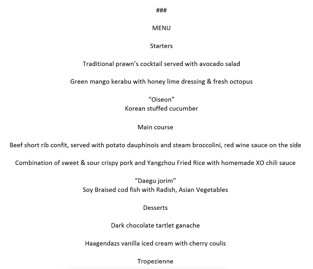 The menu for a working lunch served to US President Donald Trump and North Korea's leader Kim Jong-un and their delegations during their summit at the Capella Hotel on Sentosa island in Singapore June 12, 2018. u00e2u20acu201d Reuters pic