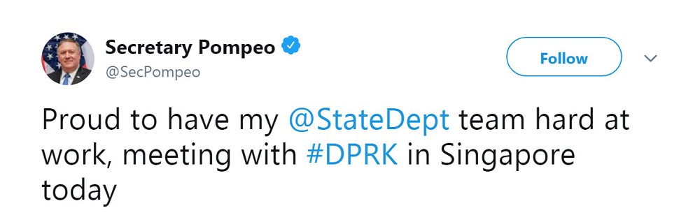 A tweet from US Secretary of State Mike Pompeo's Twitter account posted June 11, 2018, ahead of a summit between the U.S. and North Korea in Singapore. — @SecPompeo/Twitter.com/via Reuters pic
