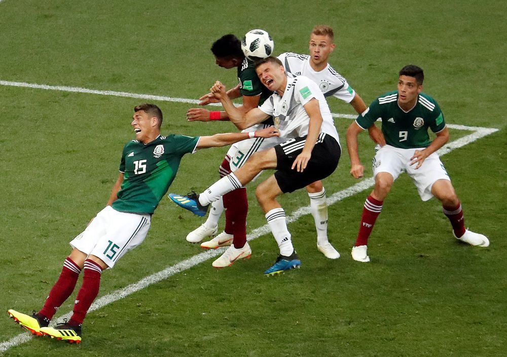 Germanyu00e2u20acu2122s Thomas Muller and Joshua Kimmich in action with Mexicou00e2u20acu2122s Hector Moreno, Raul Jimenez and Jesus Gallardo during their World Cup match in Moscow, June 17, 2017. u00e2u20acu201d Reuters pic