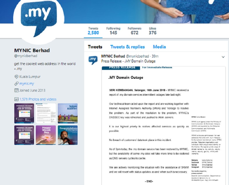 A screenshot of the MYNIC Twitter page. MYNIC said said users may continue encountering the problem until all servers affected by the technical error refresh their stored data with the corrected information.