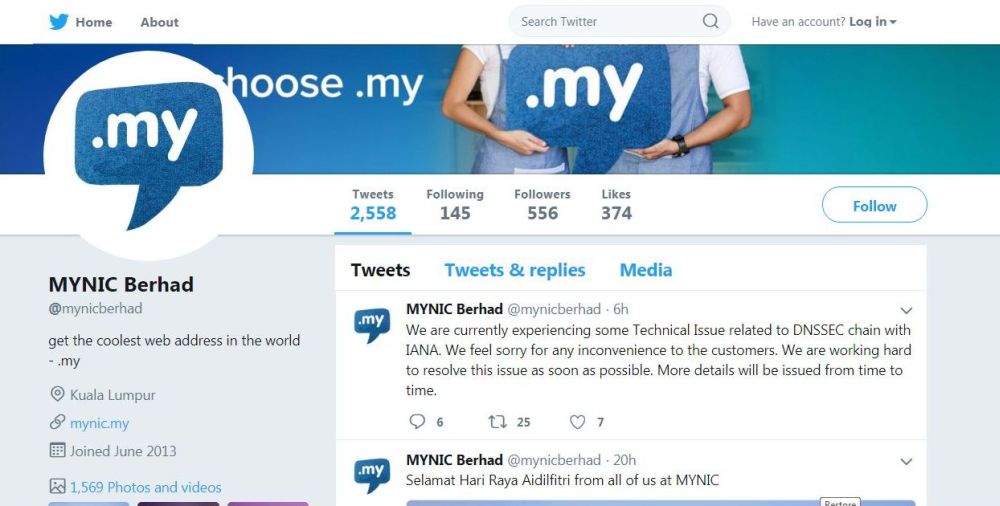 A screenshot of the MYNIC Twitter page where it stated that it was facing problems linked to DNS Security Extensions and the Internet Assigned Numbers Authority (IANA).