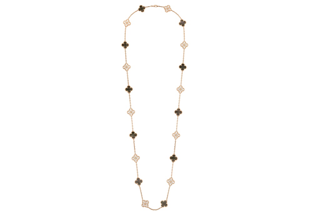 Vintage Alhambra long necklace, 20 motifs, in rose gold, gray mother-of-pearl and diamonds, by Van Cleef & Arpels. u00e2u20acu201d Picture by Van Cleef & Arpels