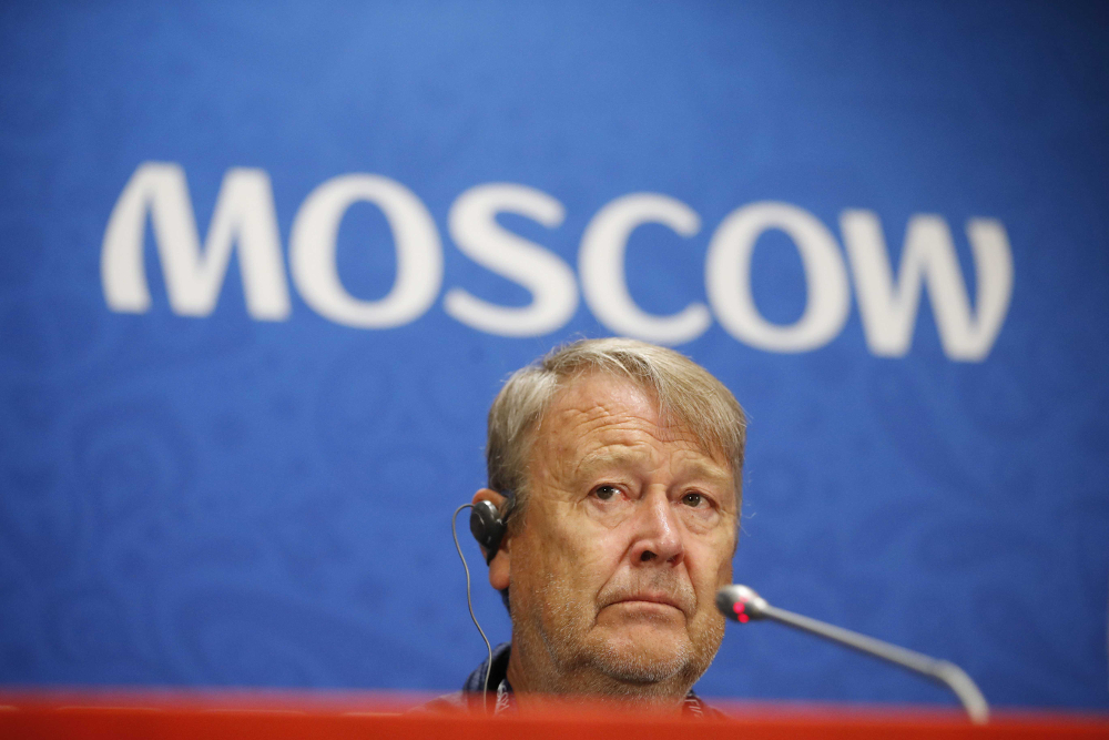 Denmark coach Age Hareide during news conference at Luzhniki Stadium, Moscow June 25, 2018. u00e2u20acu201d Reuters pic