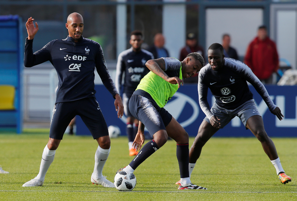 Franceu00e2u20acu2122s Steven Nzonzi, Presnel Kimpembe and Benjamin Mendy during World Cup training in Glebovsky June 11, 2018. u00e2u20acu201d Reuters pic