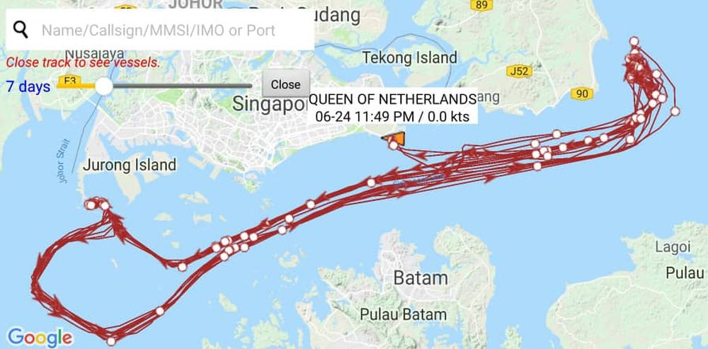 A tracking route of the Dutch sand dredger Queen of the Netherlands that shows its movement in the south part of Singapore shuttling between the waters off Jurong Island and also the south-east part of the island republic. — Picture courtesy of source