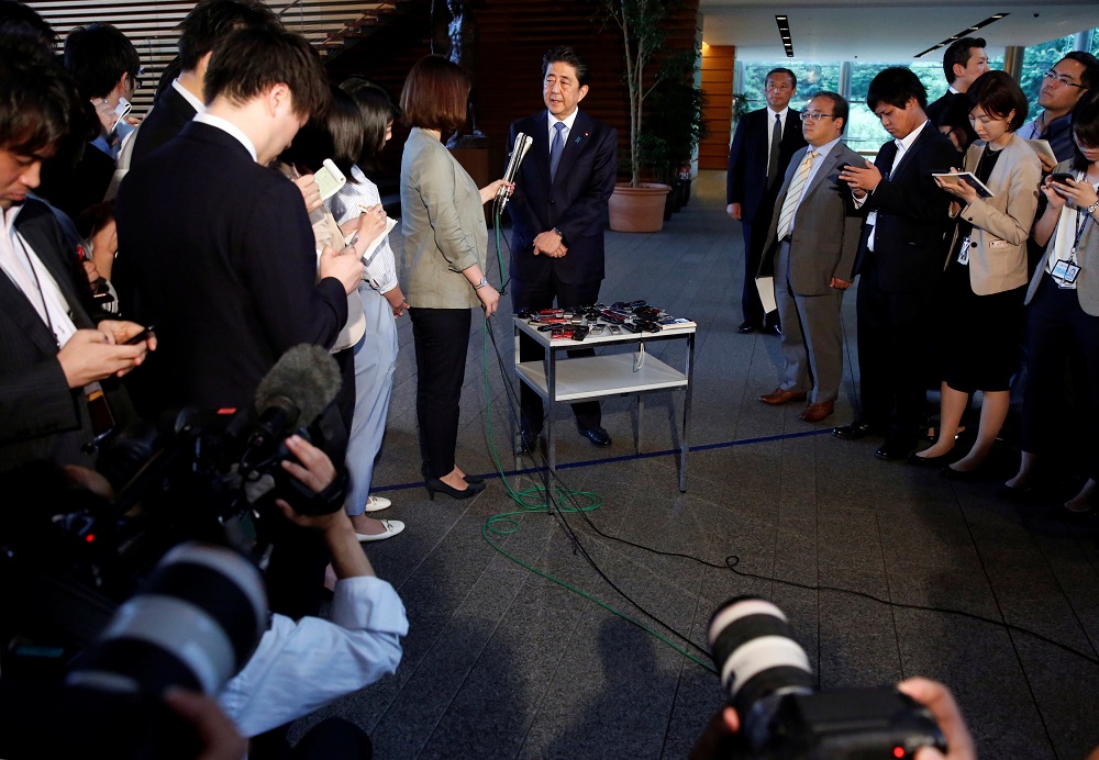 Japan's Prime Minister Shinzo Abe speaks to media after the news conference by the US President Donald Trump, after the summit between the US and North Korea in Singapore, at Abe's official residence in Tokyo, Japan, June 12, 2018. u00e2u20acu201d Reuters pic 