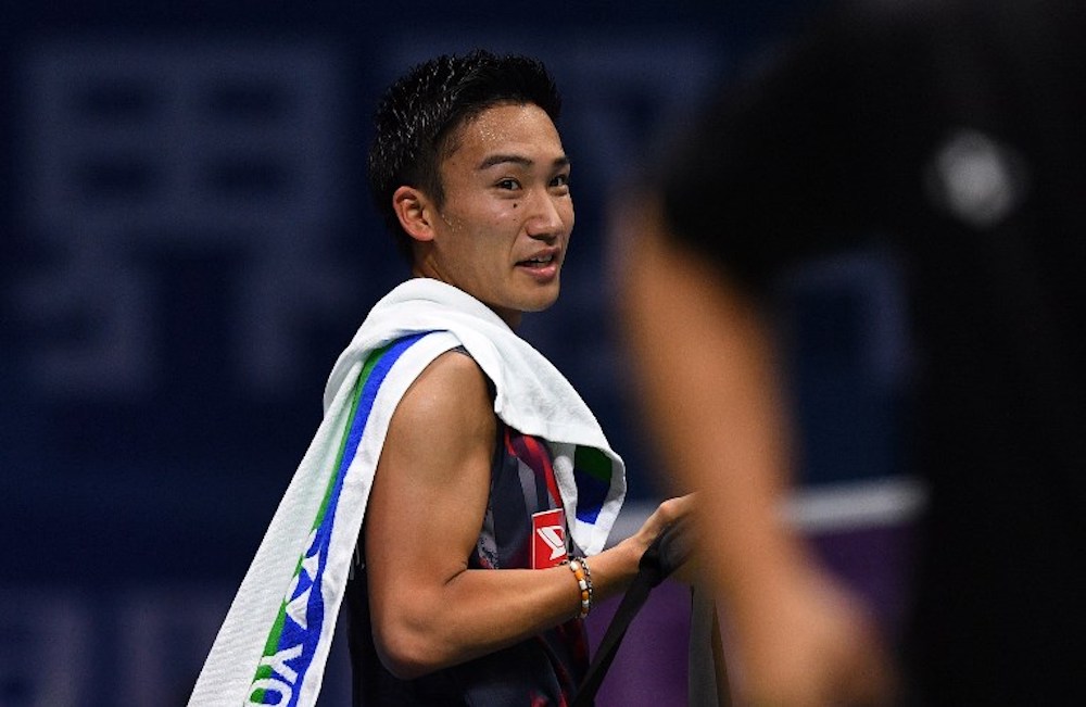 Kento Momota of Japan reacts after defeating Artem Pochtarov of the Ukraine in their menu00e2u20acu2122s singles match during the badminton World Championships in Nanjing, Jiangsu province July 31, 2018. u00e2u20acu201d AFP pic