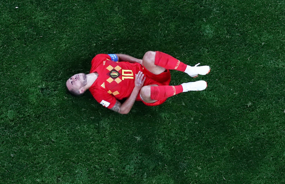 Belgium's Eden Hazard reacts after colliding with France's Blaise Matuidi (not pictured) in Saint Petersburg, July 11, 2018. — Reuters pic