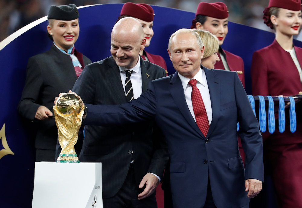 Fifa president Gianni Infantino and President of Russia Vladimir Putin with the World Cup trophy before the medals ceremony, Moscow July 16, 2018. u00e2u20acu201d Reuters pic