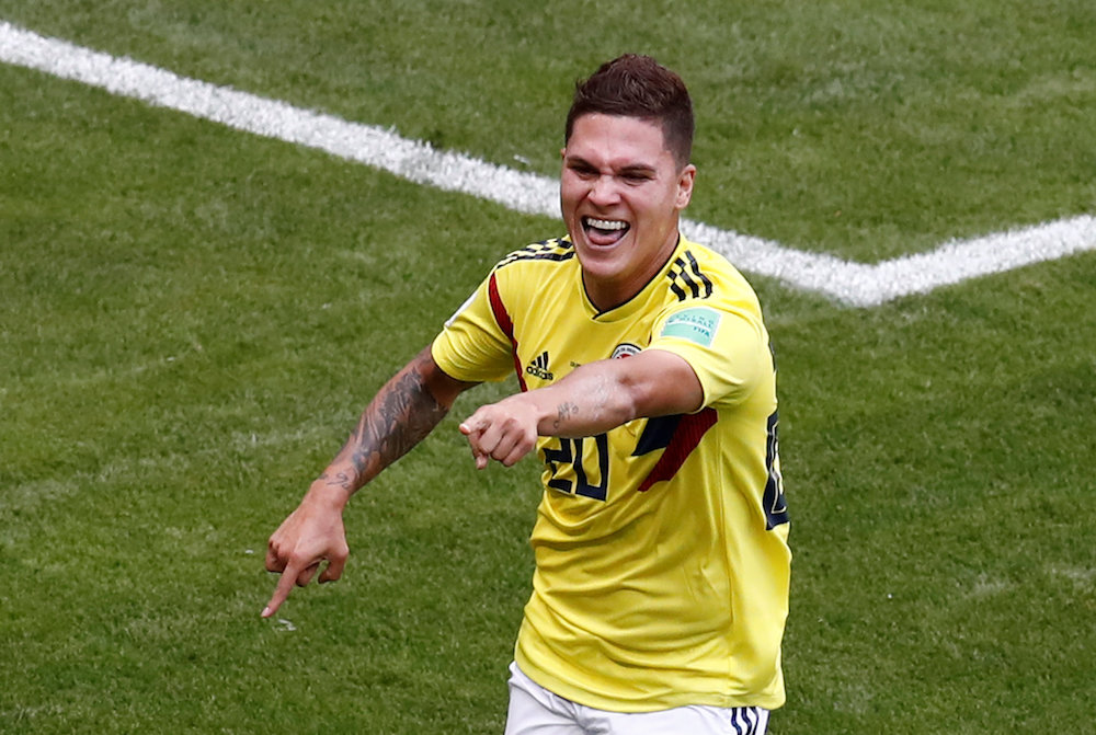Colombiau00e2u20acu2122s Juan Fernando Quintero celebrates scoring their first goal against Japan at the 2018 Fifa World Cup in Saransk June 19, 2018. u00e2u20acu201d Reuters pic
