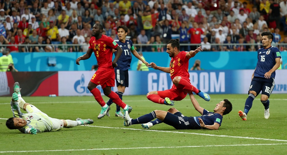 Belgium's Nacer Chadli scores their third goal against Japan at the Rostov Arena in Russia July 3, 2018. u00e2u20acu201d Reuters pic