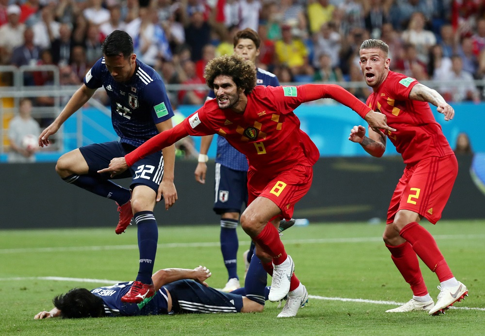 Belgiumu00e2u20acu2122s Marouane Fellaini celebrates scoring their second goal against Japan at the Rostov Arena in Russia July 2, 2018. u00e2u20acu201d Reuters pic 