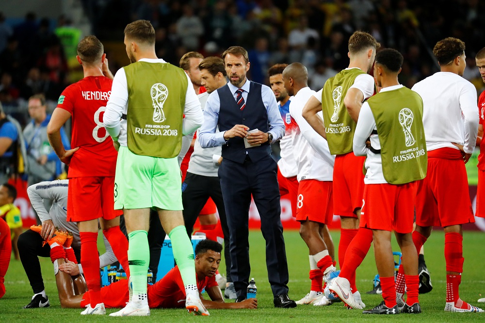 England manager Gareth Southgate with the players before the penalty shootout against Colombia at the Spartak Stadium in Moscow July 3, 2018. u00e2u20acu201d Reuters pic 