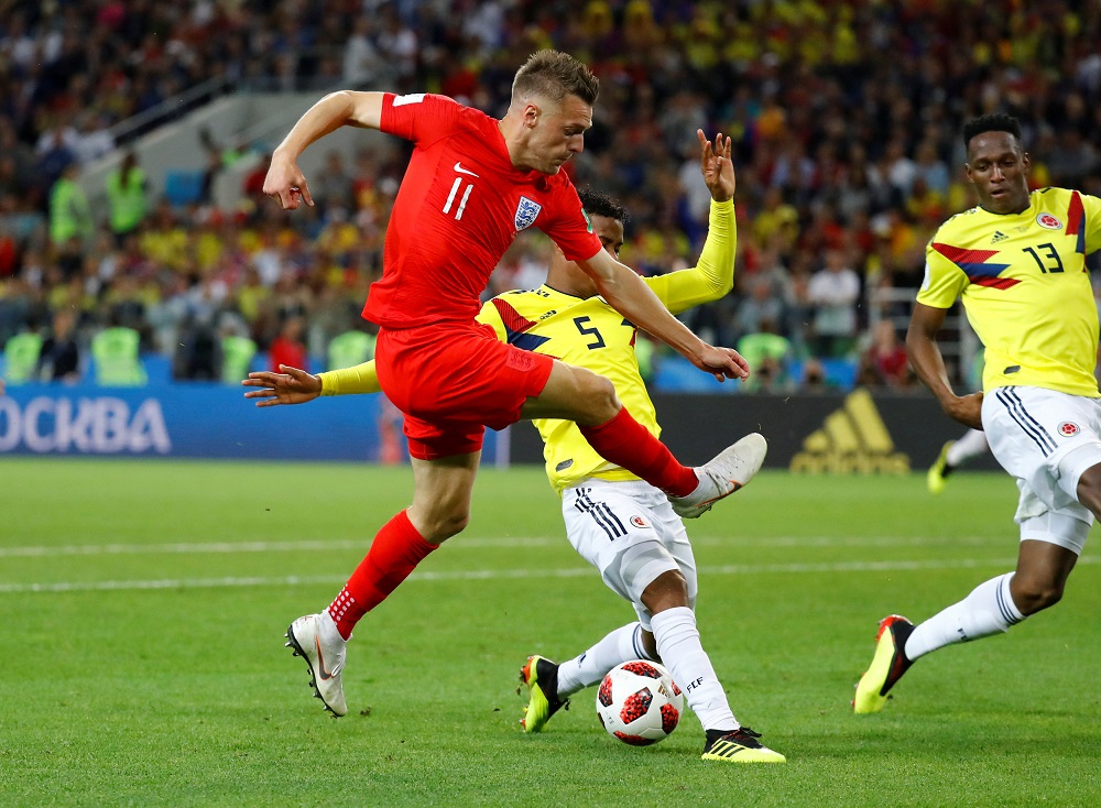 England's Jamie Vardy in action with Colombia's Wilmar Barrios at the Spartak Stadium in Moscow July 3, 2018. u00e2u20acu201d Reuters pic