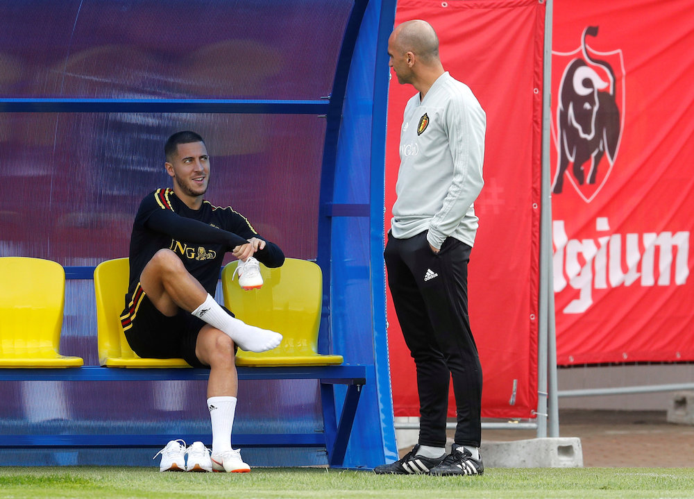 Belgium coach Roberto Martinez and Eden Hazard during training for the 2018 Fifa World Cup in Dedovsk July 9, 2018. u00e2u20acu201d Reuters pic