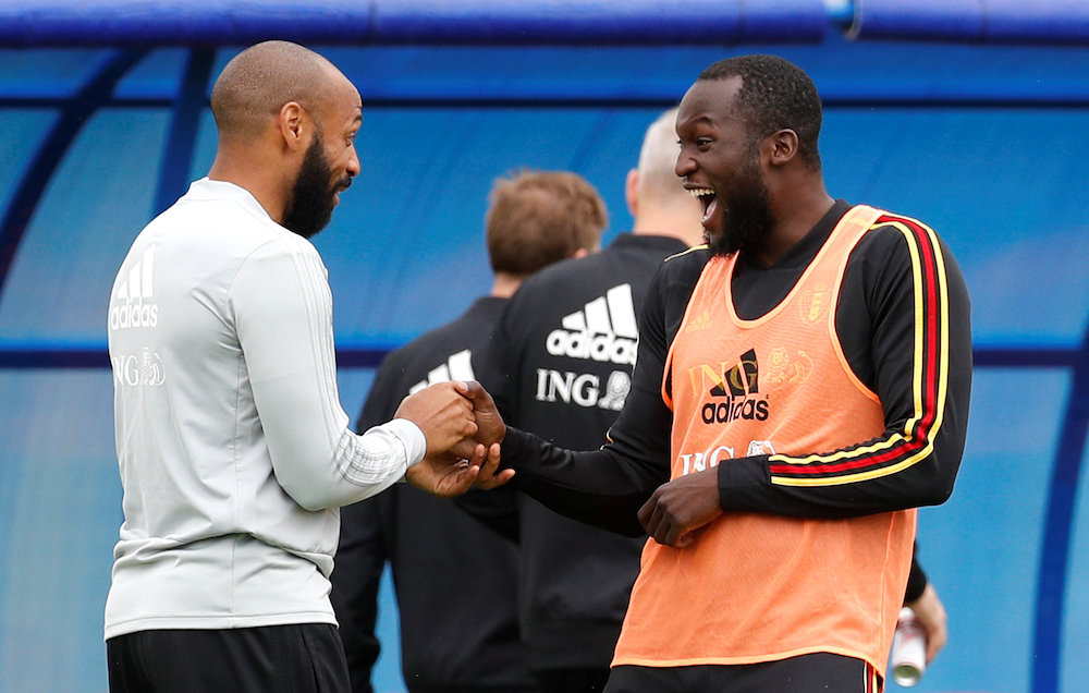 Belgium assistant coach Thierry Henry and Romelu Lukaku share a laugh during training for the 2018 Fifa World Cup in Dedovsk July 9, 2018. u00e2u20acu201d Reuters pic
