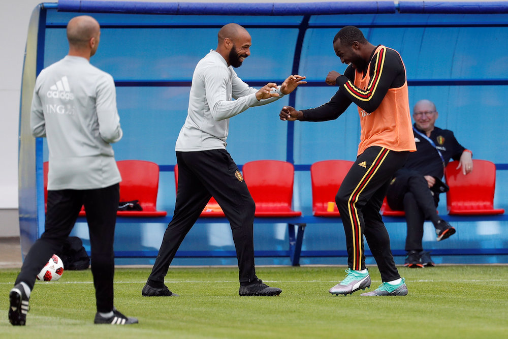 Belgium assistant coach Thierry Henry and Romelu Lukaku share a laugh during training for the 2018 Fifa World Cup in Dedovsk July 9, 2018. u00e2u20acu201d Reuters pic