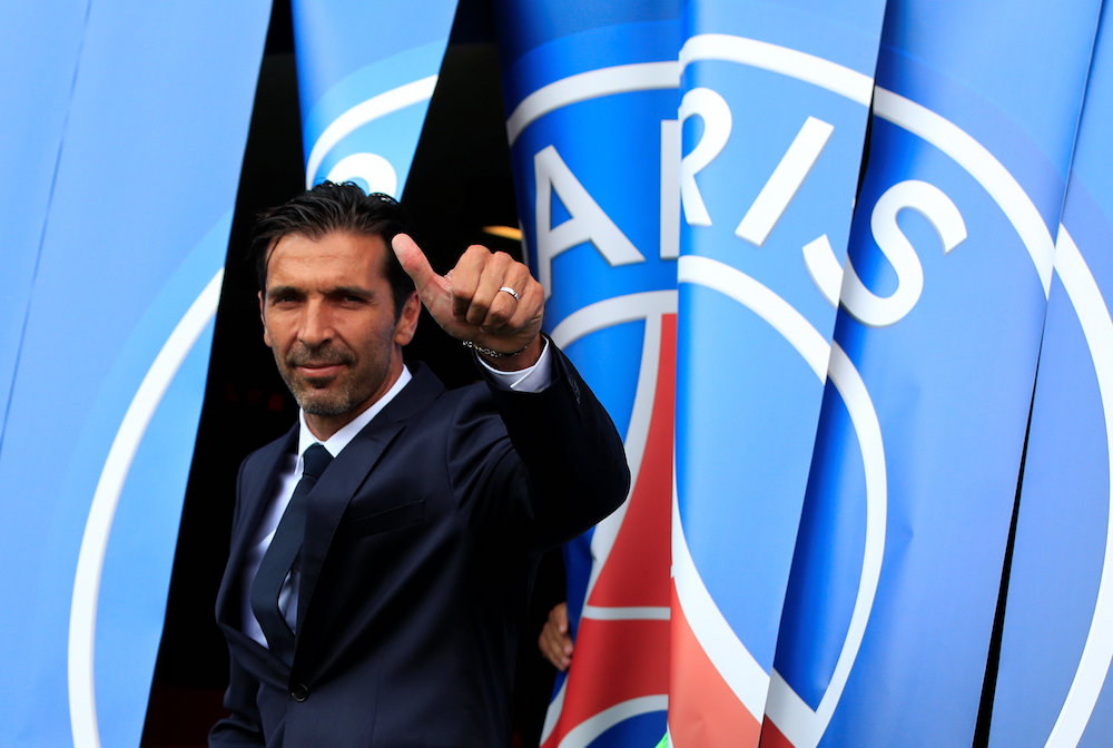 New Paris St Germain goalkeeper Gianluigi Buffon gestures at a press conference in Paris July 9, 2018. u00e2u20acu201d Reuters pic