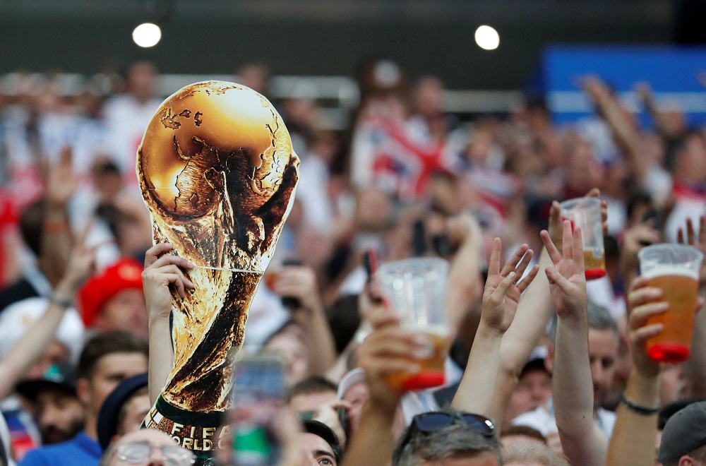 England fan holds a cardboard cutout of the World Cup trophy inside the stadium before the match against Croatia at the Luzhniki Stadium in Moscow July 11, 2018. u00e2u20acu201d Reuters pic