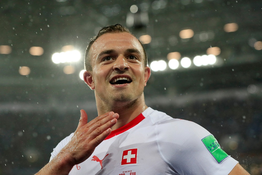 Switzerlandu00e2u20acu2122s Xherdan Shaqiri celebrates after the match against Serbia at the Kaliningrad Stadium in Russia June 22, 2018. u00e2u20acu201d Reuters pic