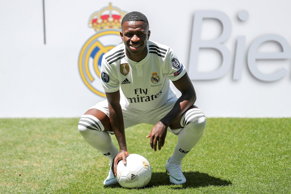 Brazilian teenager Vinicius Junior, 18, poses with his Real Madrid uniform during his presentation at Bernabeu Stadium in Madrid July 20, 2018. u00e2u20acu201d Reuters pic