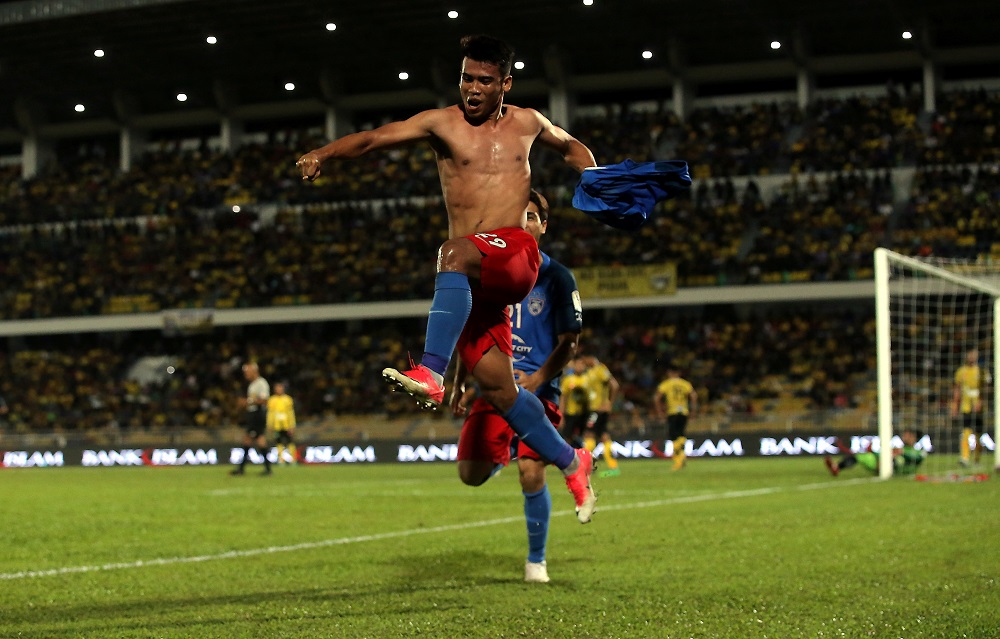 Muhammad Safawi Rasid  celebrates scoring the goal against Perak at the Perak Stadium in Ipoh July 10, 2018. u00e2u20acu201d Picture by Farhan Najib