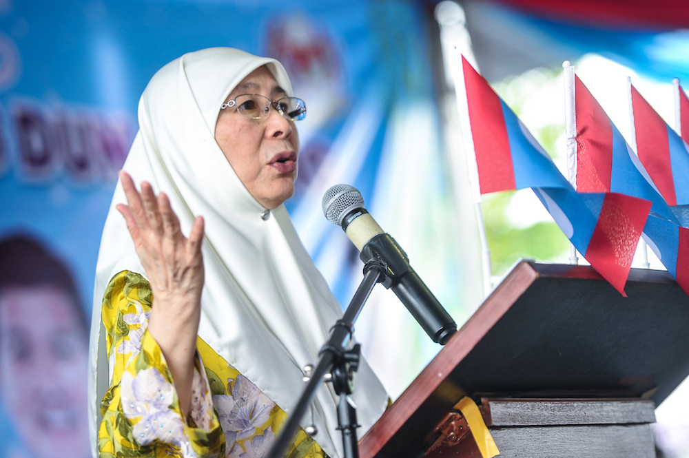 Deputy Prime Minister Datuk Seri Dr Wan Azizah Wan Ismail delivers her speech during an Aidilfitri celebration in Kajang July 8, 2018. u00e2u20acu201d Picture by Shafwan Zaidon