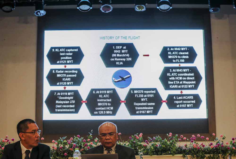 A screen showing the history of the MH370 flight is shown during the press conference on the MH370 Safety Investigation Report in Putrajaya. u00e2u20acu201d Picture by Firdaus Latif