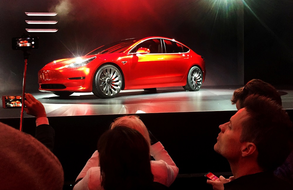 A Tesla Model 3 sedan, its first car aimed at the mass market, is displayed during its launch in Hawthorne, California, March 31, 2016. u00e2u20acu201d Reuters pic 