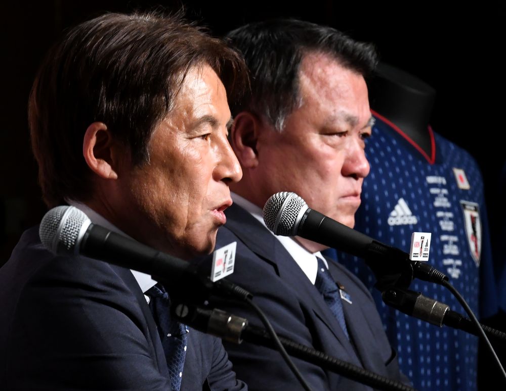 Japan's national football team head coach Akira Nishino (left) speaks beside Japan Football Association chairman Kozo Tashima (right) during a press conference, at a hotel in Narita, Chiba prefecture July 5, 2018. u00e2u20acu201d AFP pic