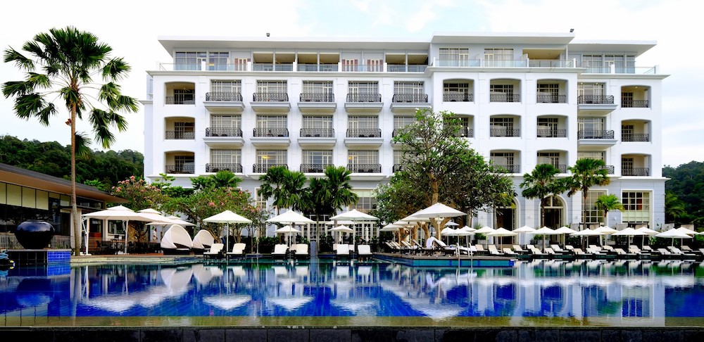 The facade of The Danna Langkawi. The hotel’s three-tiered infinity pool, seen in the foreground, is the largest on the island.
