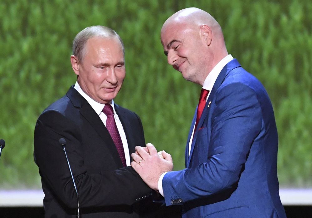 Russia's President Vladimir Putin (left) greets Fifa President Gianni Infantino while addressing the audience during a gala concert at the Bolshoi Theatre in Moscow, Russia July 14, 2018. u00e2u20acu201d Reuters pic