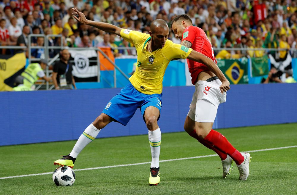 Brazilu00e2u20acu2122s Miranda in action against Switzerland in Rostov-on-Don, Russia, June 17, 2018. u00e2u20acu201d Reuters pic