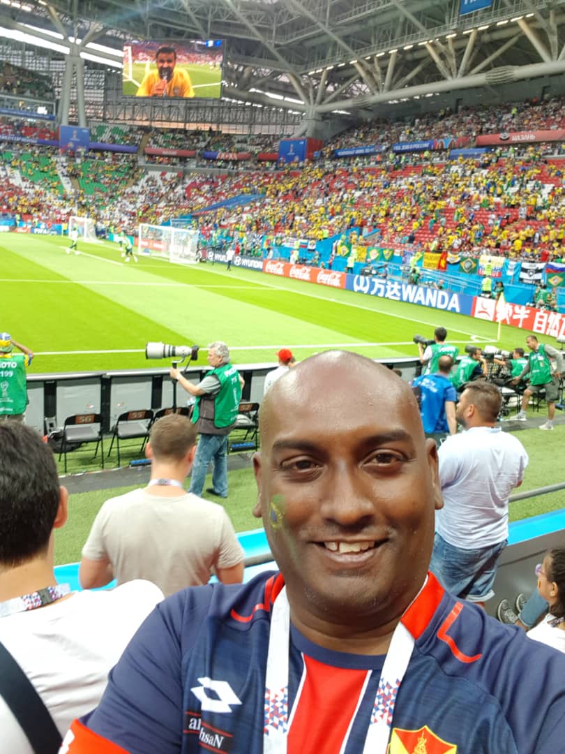 Best seat in the house: Muruga was three rows away from the pitch watching Brazil vs Belgium. — Picture courtesy of Muruga Kumaran Ayavoo