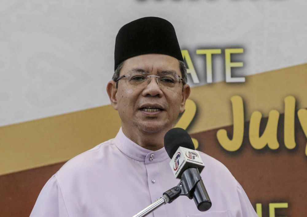 Datuk Saifuddin Abdullah speaks during the Foreign Ministryu00e2u20acu2122s Hari Raya open house in Putrajaya July 12, 2018. u00e2u20acu201d Picture by Firdaus Latif
