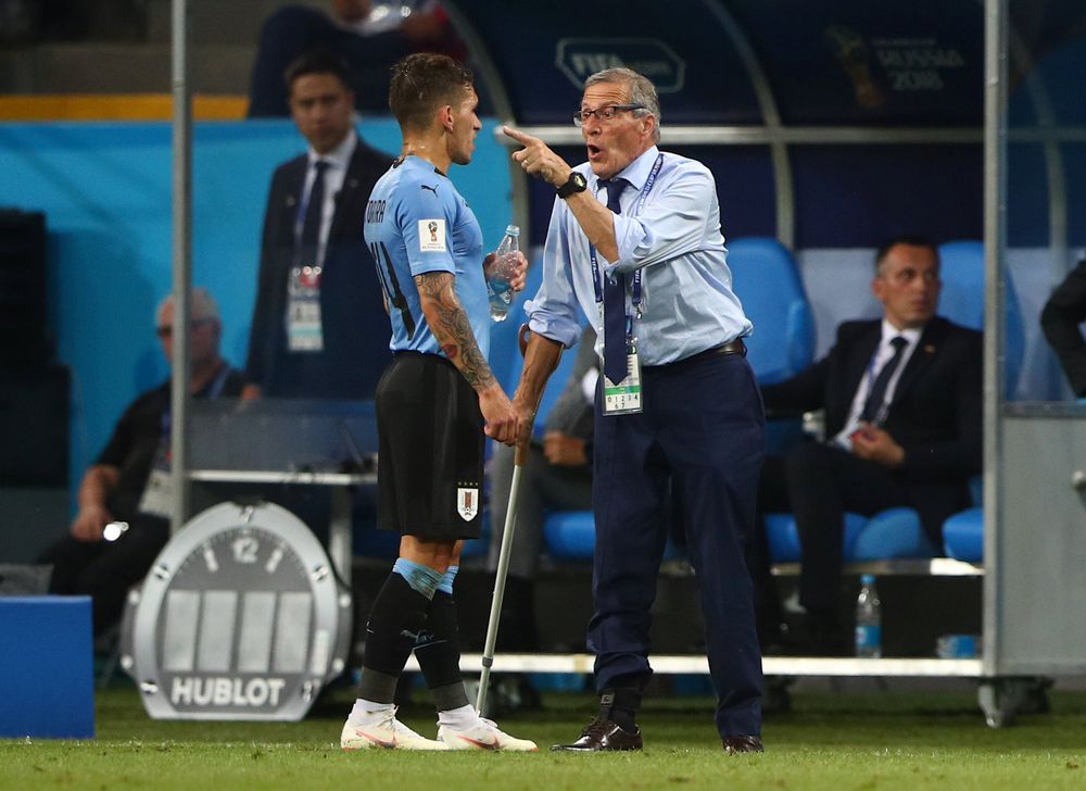 Uruguay coach Oscar Tabarez gives instructions to Lucas Torreira during their World Cup Round of 16 match against Portugal in Fisht Stadium, Sochi, Russia, June 30, 2018. u00e2u20acu201d Reuters pic