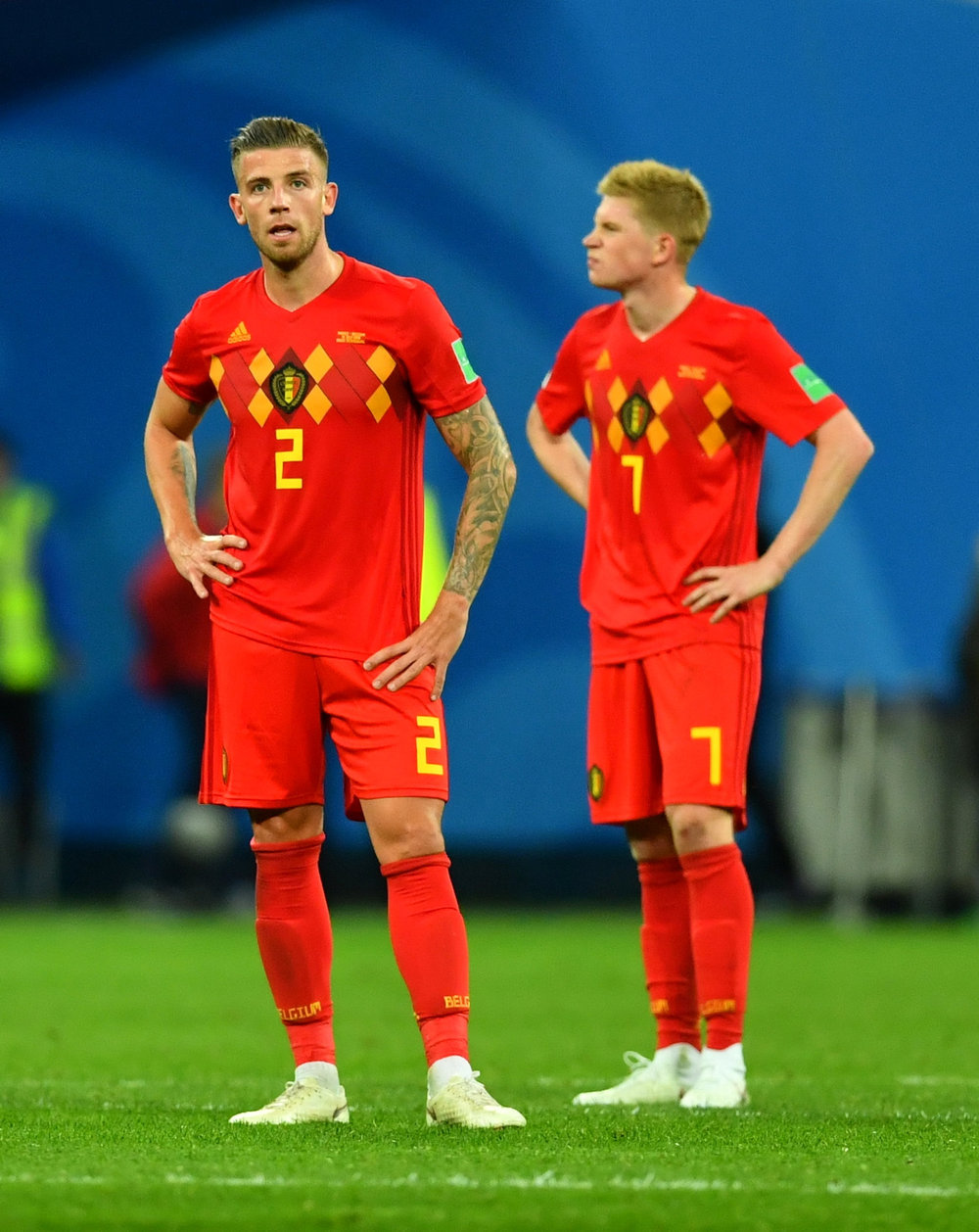 Belgium's Toby Alderweireld (left) and Kevin De Bruyne look dejected after the World Cup semifinal with France in Saint Petersburg July 10, 2018. u00e2u20acu201d Reuters pic