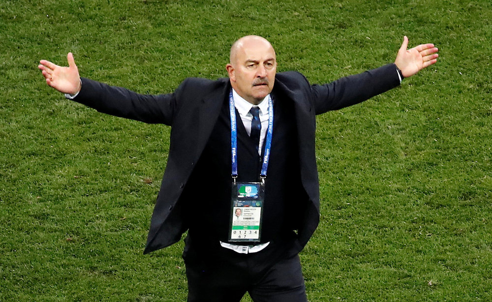 Russia coach Stanislav Cherchesov celebrates after winning the World Cup Round of 16 match penalty shooutout against Spain in Moscow July 1, 2018. u00e2u20acu201d Reuters pic n