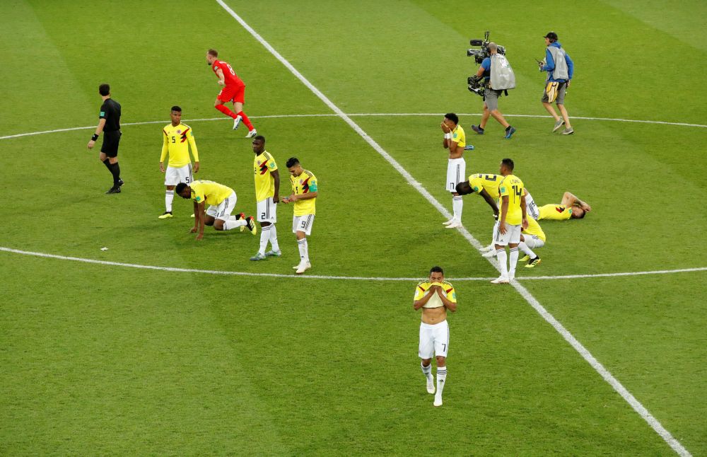 Colombia players look dejected after losing the penalty shootout against England, July 3, 2018. u00e2u20acu2022 Reuters pic