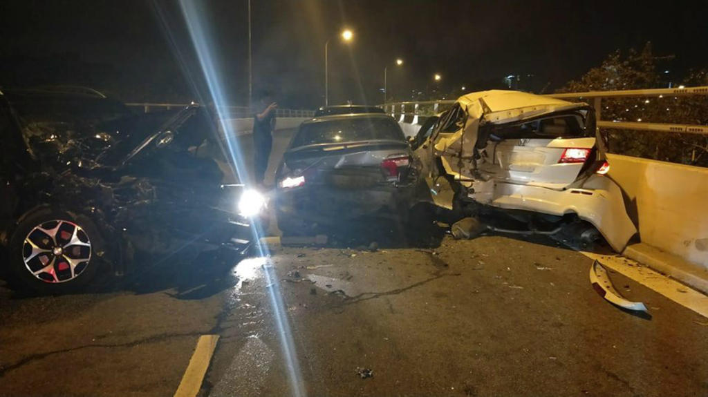 Two men suffered minor injuries after a four-car collision at the Woodlands Checkpoint. u00e2u20acu201d Facebook/SG Road Vigilante pic 